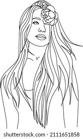 Cara abstracta con flores por dibujo vectorial de una línea. Retrato de estilo minimalista. Huella botánica. Símbolo natural de los cosméticos. Moderna línea de arte. Impresión de moda. Logo de Beaty Salon.