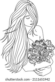 Abstract face with flowers by one line vector drawing. Portrait minimalistic style. Botanical print. Nature symbol of cosmetics. Modern continuous line art. Fashion print. Beaty salon logo.