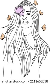 Abstract face with flowers by one line vector drawing. Portrait minimalistic style. Botanical print. Nature symbol of cosmetics. Modern continuous line art. Fashion print. Beaty salon logo.