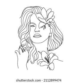 Abstract face with flowers by one line vector drawing. Portrait minimalistic style. Botanical print. Nature symbol of cosmetics. Modern continuous line art. Fashion print. Beaty salon logo.
