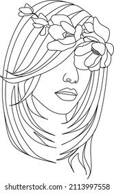 Abstract face with flowers by one line vector drawing. Portrait minimalistic style. Botanical print. Nature symbol of cosmetics. Modern continuous line art. Fashion print. Beaty salon logo.