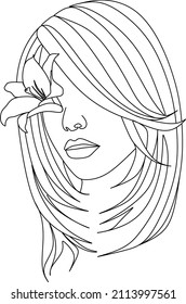 Abstract face with flowers by one line vector drawing. Portrait minimalistic style. Botanical print. Nature symbol of cosmetics. Modern continuous line art. Fashion print. Beaty salon logo.