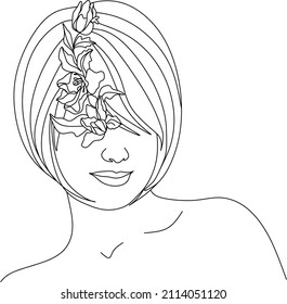 Abstract face with flowers by one line vector drawing. Portrait minimalistic style. Botanical print. Nature symbol of cosmetics. Modern continuous line art. Fashion print. Beaty salon logo.