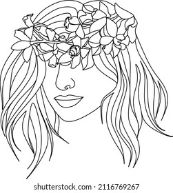 Abstract face with flowers by one line vector drawing. Portrait minimalistic style. Botanical print. Nature symbol of cosmetics. Modern continuous line art. Fashion print. Beaty salon logo.