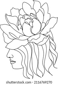 Abstract face with flowers by one line vector drawing. Portrait minimalistic style. Botanical print. Nature symbol of cosmetics. Modern continuous line art. Fashion print. Beaty salon logo.