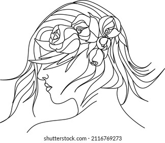 Abstract face with flowers by one line vector drawing. Portrait minimalistic style. Botanical print. Nature symbol of cosmetics. Modern continuous line art. Fashion print. Beaty salon logo.