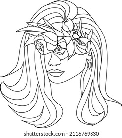 Cara abstracta con flores por dibujo vectorial de una línea. Retrato de estilo minimalista. Huella botánica. Símbolo natural de los cosméticos. Moderna línea de arte. Impresión de moda. Logo de Beaty Salon.