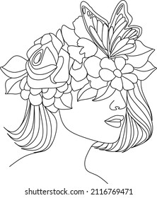 Cara abstracta con flores por dibujo vectorial de una línea. Retrato de estilo minimalista. Huella botánica. Símbolo natural de los cosméticos. Moderna línea de arte. Impresión de moda. Logo de Beaty Salon.