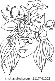 Abstraktes Gesicht mit Blumen durch eine Linie, Vektorgrafik. Portrait minimalistischer Stil. Botanischer Ausdruck. Natursymbol von Kosmetika. Moderne, durchgehende Linienkunst. Modedruck. Beaty Salon Logo.