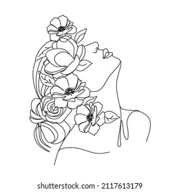 Abstract face with flowers by one line vector drawing. Portrait minimalistic style. Botanical print. Nature symbol of cosmetics. Modern continuous line art. Fashion print. Beaty salon logo.
