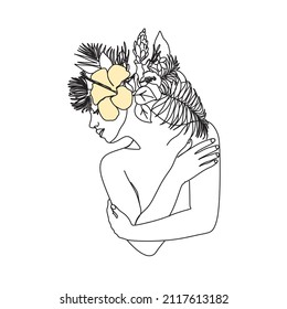 Abstract face with flowers by one line vector drawing. Portrait minimalistic style. Botanical print. Nature symbol of cosmetics. Modern continuous line art. Fashion print. Beaty salon logo.