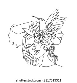 Abstract face with flowers by one line vector drawing. Portrait minimalistic style. Botanical print. Nature symbol of cosmetics. Modern continuous line art. Fashion print. Beaty salon logo.
