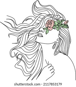 Abstract face with flowers by one line vector drawing. Portrait minimalistic style. Botanical print. Nature symbol of cosmetics. Modern continuous line art. Fashion print. Beaty salon logo.