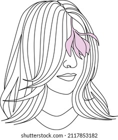 Cara abstracta con flores por dibujo vectorial de una línea. Retrato de estilo minimalista. Huella botánica. Símbolo natural de los cosméticos. Moderna línea de arte. Impresión de moda. Logo de Beaty Salon.