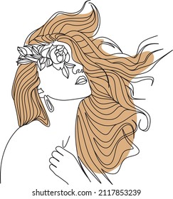 Abstract face with flowers by one line vector drawing. Portrait minimalistic style. Botanical print. Nature symbol of cosmetics. Modern continuous line art. Fashion print. Beaty salon logo.