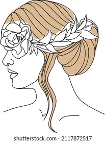 Abstract face with flowers by one line vector drawing. Portrait minimalistic style. Botanical print. Nature symbol of cosmetics. Modern continuous line art. Fashion print. Beaty salon logo.