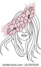 Cara abstracta con flores por dibujo vectorial de una línea. Retrato de estilo minimalista. Huella botánica. Símbolo natural de los cosméticos. Moderna línea de arte. Impresión de moda. Logo de Beaty Salon.