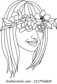Cara abstracta con flores por dibujo vectorial de una línea. Retrato de estilo minimalista. Huella botánica. Símbolo natural de los cosméticos. Moderna línea de arte. Impresión de moda. Logo de Beaty Salon.