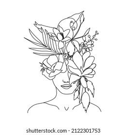 Abstraktes Gesicht mit Blumen durch eine Linie, Vektorgrafik. Portrait minimalistischer Stil. Botanischer Ausdruck. Natursymbol von Kosmetika. Moderne, durchgehende Linienkunst. Modedruck. Beaty Salon Logo.