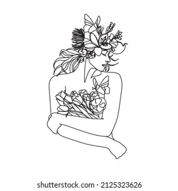 Abstract face with flowers by one line vector drawing. Portrait minimalistic style. Botanical print. Nature symbol of cosmetics. Modern continuous line art. Fashion print. Beaty salon logo.