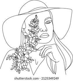 Cara abstracta con flores por dibujo vectorial de una línea. Retrato de estilo minimalista. Huella botánica. Símbolo natural de los cosméticos. Moderna línea de arte. Impresión de moda. Logo de Beaty Salon.