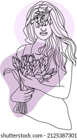 Cara abstracta con flores por dibujo vectorial de una línea. Retrato de estilo minimalista. Huella botánica. Símbolo natural de los cosméticos. Moderna línea de arte. Impresión de moda. Logo de Beaty Salon.