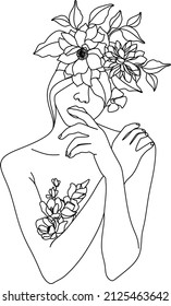 Abstract face with flowers by one line vector drawing. Portrait minimalistic style. Botanical print. Nature symbol of cosmetics. Modern continuous line art. Fashion print. Beaty salon logo.