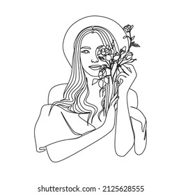 Abstract face with flowers by one line vector drawing. Portrait minimalistic style. Botanical print. Nature symbol of cosmetics. Modern continuous line art. Fashion print. Beaty salon logo.