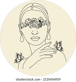 Abstract face with flowers by one line vector drawing. Portrait minimalistic style. Botanical print. Nature symbol of cosmetics. Modern continuous line art. Fashion print. Beaty salon logo.