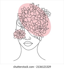 Abstract face with flowers by one line vector drawing. Portrait minimalistic style. Botanical print. Nature symbol of cosmetics. Modern continuous line art. Fashion print. Beaty salon logo.