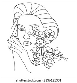 Abstract face with flowers by one line vector drawing. Portrait minimalistic style. Botanical print. Nature symbol of cosmetics. Modern continuous line art. Fashion print. Beaty salon logo.