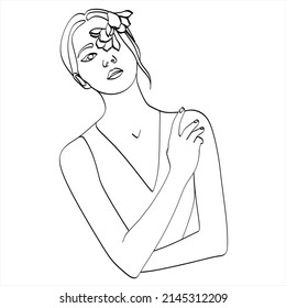 Cara abstracta con flores por dibujo vectorial de una línea. Retrato de estilo minimalista. Huella botánica. Símbolo natural de los cosméticos. Moderna línea de arte. Impresión de moda. Logo de Beaty Salon.