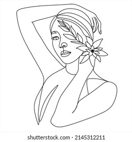 Abstract face with flowers by one line vector drawing. Portrait minimalistic style. Botanical print. Nature symbol of cosmetics. Modern continuous line art. Fashion print. Beaty salon logo.