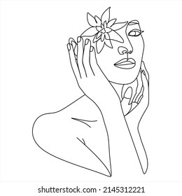 Cara abstracta con flores por dibujo vectorial de una línea. Retrato de estilo minimalista. Huella botánica. Símbolo natural de los cosméticos. Moderna línea de arte. Impresión de moda. Logo de Beaty Salon.