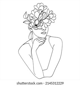 Abstract face with flowers by one line vector drawing. Portrait minimalistic style. Botanical print. Nature symbol of cosmetics. Modern continuous line art. Fashion print. Beaty salon logo.