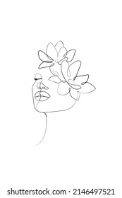 Abstraktes Gesicht mit Blumen durch eine Linie, Vektorgrafik. Portrait minimalistischer Stil. Botanischer Ausdruck. Moderne, kontinuierliche Linienkunst.	