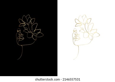 Abstract face with flowers by one gold line vector drawing. Portrait minimalistic style. Botanical print. Modern continuous line set	