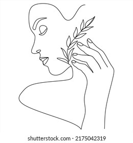 Abstraktes Gesicht mit Blumen durch eine Linie, Vektorgrafik. Portrait minimalistischer Stil. Botanischer Ausdruck. Natursymbol von Kosmetika. Moderne, durchgehende Linienkunst. Modedruck. Beaty Salon Logo.