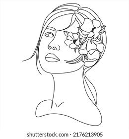Abstract face with flowers by one line vector drawing. Portrait minimalistic style. Botanical print. Nature symbol of cosmetics. Modern continuous line art. Fashion print. Beaty salon logo.