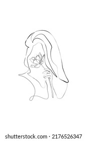 Cara abstracta con flores por dibujo vectorial de una línea. Retrato de estilo minimalista. Huella botánica. Moderna línea de arte.