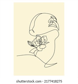 Abstract face with flowers by one line vector drawing. Portrait minimalistic style. Botanical print. Nature symbol of cosmetics. Modern continuous line art. Fashion print.  