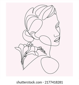 Abstract face with flowers by one line vector drawing. Portrait minimalistic style. Botanical print. Nature symbol of cosmetics. Modern continuous line art. Fashion print.  