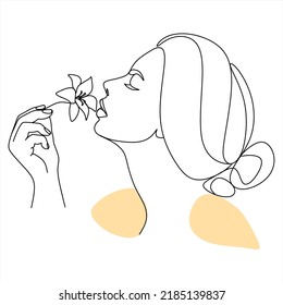Cara abstracta con flores por dibujo vectorial de una línea. Retrato de estilo minimalista. Huella botánica. Símbolo natural de los cosméticos. Moderna línea de arte. Impresión de moda. Logo de Beaty Salon.