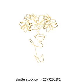 Abstract face with flowers by one line vector drawing. Portrait minimalistic style. Botanical print. Modern continuous line art. Gold line White background	
