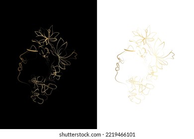 Abstraktes Gesicht mit Blumen durch eine Linie, Vektorgrafik. Portrait minimalistischer Stil. Botanischer Ausdruck. One Line Body Art, Brust-Zeichnen, Naked Woman Print, Moderne Strangkunst, Gold Line