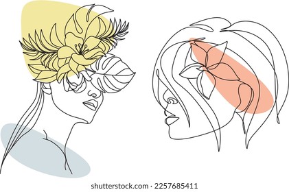 Abstract face with flowers by one line vector drawing. Portrait minimalistic style. Botanical print. Nature symbol of cosmetics. Modern continuous line art. Fashion print. Beaty salon logo.