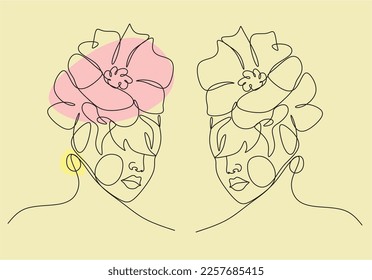 Abstraktes Gesicht mit Blumen durch eine Linie, Vektorgrafik. Portrait minimalistischer Stil. Botanischer Ausdruck. Natursymbol von Kosmetika. Moderne, durchgehende Linienkunst. Modedruck. Beaty Salon Logo.