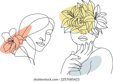Cara abstracta con flores por dibujo vectorial de una línea. Retrato de estilo minimalista. Huella botánica. Símbolo natural de los cosméticos. Moderna línea de arte. Impresión de moda. Logo de Beaty Salon.