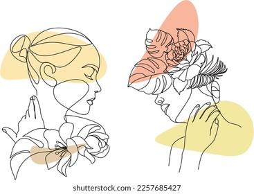 Abstract face with flowers by one line vector drawing. Portrait minimalistic style. Botanical print. Nature symbol of cosmetics. Modern continuous line art. Fashion print. Beaty salon logo.