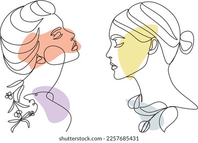Abstract face with flowers by one line vector drawing. Portrait minimalistic style. Botanical print. Nature symbol of cosmetics. Modern continuous line art. Fashion print. Beaty salon logo.